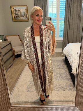 Free People Rose Gold Sequin Kimono with Embroidered Floral Trim